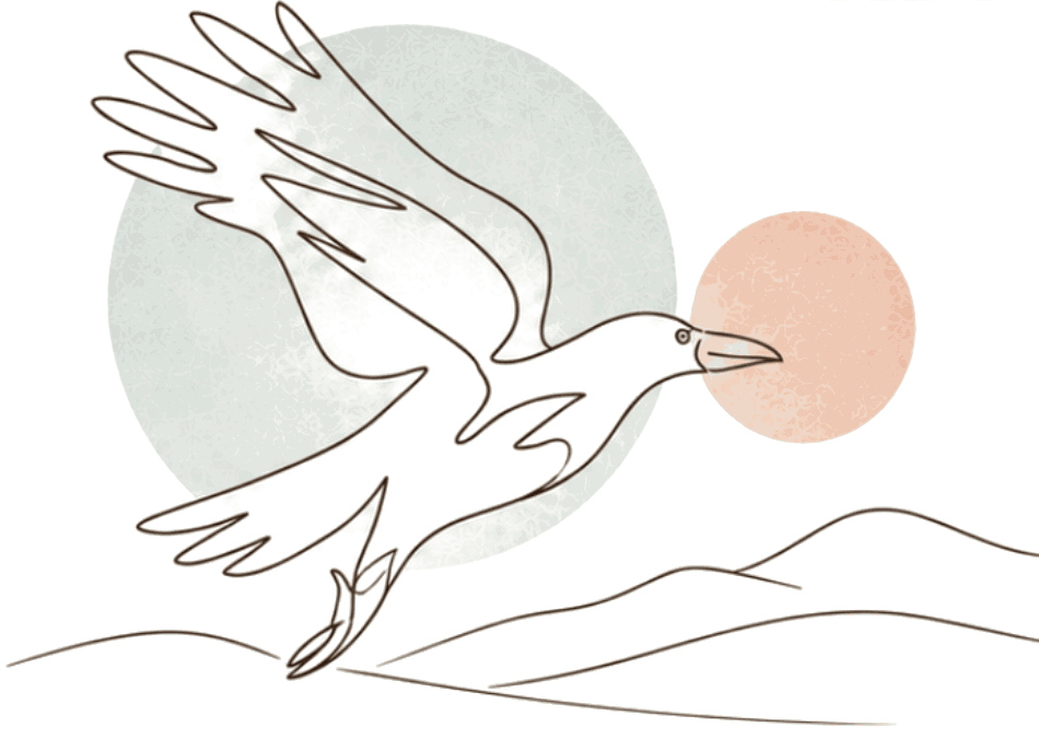 A hand-drawn bird flying over a mountain landscape
